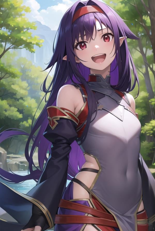 yuukikonno, <lora:yuukikonno-lora-nochekaiser:1>,yuuki konno, hairband, long hair, pointy ears, purple hair, (red eyes:1.5), (small breasts:1.2), <lora:talkmouth_A_v100:1>, open mouth,BREAK black thighhighs, detached sleeves, thighhighs, dress, purple dress, armor, purple armor,BREAK looking at viewer, upper body, full body,BREAK outdoors, forest, nature,BREAK <lyco:GoodHands-beta2:1>, (masterpiece:1.2), best quality, high resolution, unity 8k wallpaper, (illustration:0.8), (beautiful detailed eyes:1.6), extremely detailed face, perfect lighting, extremely detailed CG, (perfect hands, perfect anatomy),