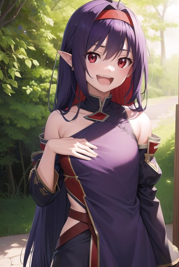 yuukikonno, <lora:yuukikonno-lora-nochekaiser:1>,yuuki konno, hairband, long hair, pointy ears, purple hair, (red eyes:1.5), (small breasts:1.2), <lora:talkmouth_A_v100:1>, open mouth,BREAK black thighhighs, detached sleeves, thighhighs, dress, purple dress, armor, purple armor,BREAK looking at viewer, upper body, full body,BREAK outdoors, forest, nature,BREAK <lyco:GoodHands-beta2:1>, (masterpiece:1.2), best quality, high resolution, unity 8k wallpaper, (illustration:0.8), (beautiful detailed eyes:1.6), extremely detailed face, perfect lighting, extremely detailed CG, (perfect hands, perfect anatomy),