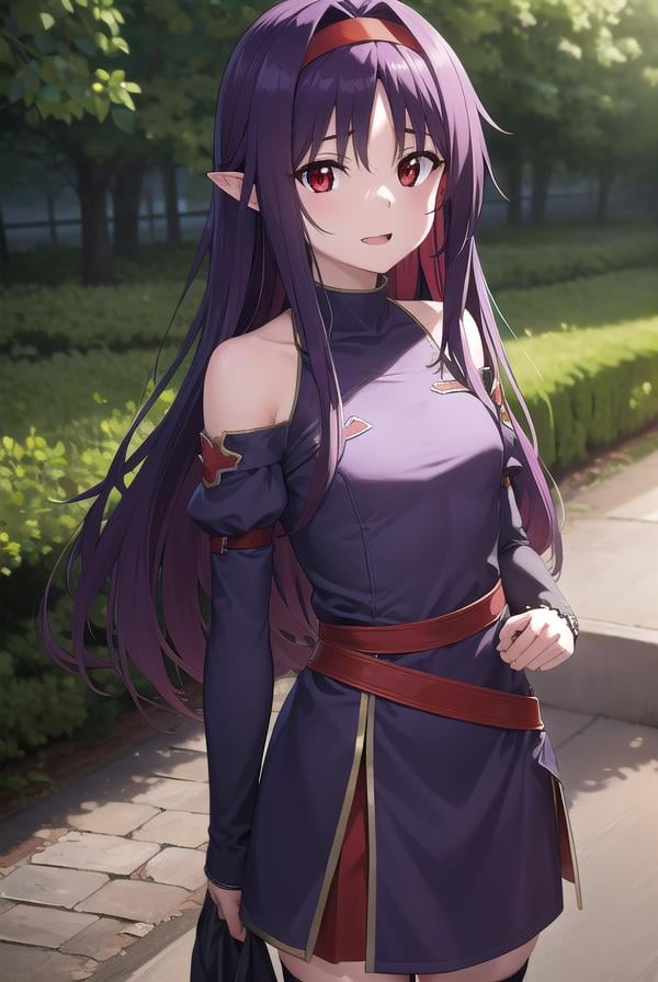 yuukikonno, <lora:yuukikonno-lora-nochekaiser:1>,yuuki konno, hairband, long hair, pointy ears, purple hair, (red eyes:1.5), (small breasts:1.2), <lora:talkmouth_E_v100:1>, open mouth,BREAK black thighhighs, detached sleeves, thighhighs, dress, purple dress, armor, purple armor,BREAK looking at viewer, upper body, full body,BREAK outdoors, forest, nature,BREAK <lyco:GoodHands-beta2:1>, (masterpiece:1.2), best quality, high resolution, unity 8k wallpaper, (illustration:0.8), (beautiful detailed eyes:1.6), extremely detailed face, perfect lighting, extremely detailed CG, (perfect hands, perfect anatomy),