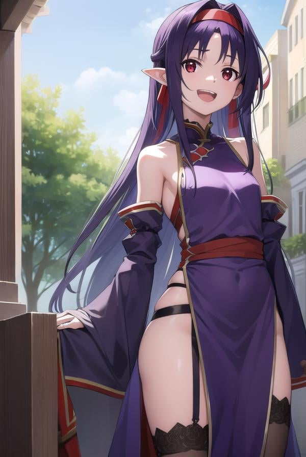 yuukikonno, <lora:yuukikonno-lora-nochekaiser:1>,yuuki konno, hairband, long hair, pointy ears, purple hair, (red eyes:1.5), (small breasts:1.2), <lora:talkmouth_A_v100:1>, open mouth,BREAK black thighhighs, detached sleeves, thighhighs, dress, purple dress, armor, purple armor,BREAK looking at viewer, upper body, full body,BREAK outdoors, forest, nature,BREAK <lyco:GoodHands-beta2:1>, (masterpiece:1.2), best quality, high resolution, unity 8k wallpaper, (illustration:0.8), (beautiful detailed eyes:1.6), extremely detailed face, perfect lighting, extremely detailed CG, (perfect hands, perfect anatomy),