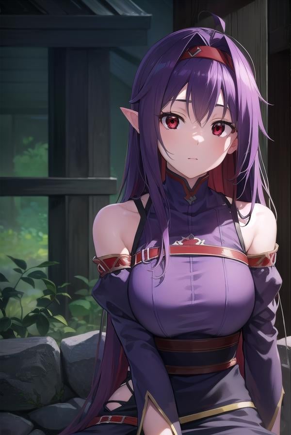 yuukikonno, <lora:yuukikonno-lora-nochekaiser:1>,yuuki konno, hairband, long hair, pointy ears, purple hair, (red eyes:1.5),BREAK black thighhighs, detached sleeves, thighhighs, dress, purple dress, armor, purple armor,BREAK looking at viewer, upper body, full body,BREAK outdoors, forest, nature,BREAK <lyco:GoodHands-beta2:1>, (masterpiece:1.2), best quality, high resolution, unity 8k wallpaper, (illustration:0.8), (beautiful detailed eyes:1.6), extremely detailed face, perfect lighting, extremely detailed CG, (perfect hands, perfect anatomy),