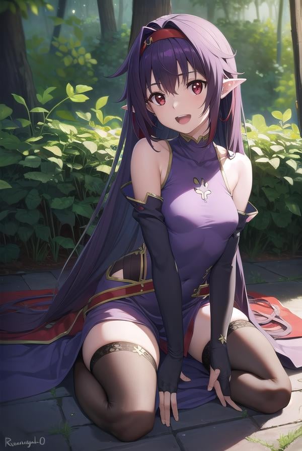 yuukikonno, <lora:yuukikonno-lora-nochekaiser:1>,yuuki konno, hairband, long hair, pointy ears, purple hair, (red eyes:1.5), (small breasts:1.2), <lora:talkmouth_A_v100:1>, open mouth,BREAK black thighhighs, detached sleeves, thighhighs, dress, purple dress, armor, purple armor,BREAK looking at viewer, upper body, full body,BREAK outdoors, forest, nature,BREAK <lyco:GoodHands-beta2:1>, (masterpiece:1.2), best quality, high resolution, unity 8k wallpaper, (illustration:0.8), (beautiful detailed eyes:1.6), extremely detailed face, perfect lighting, extremely detailed CG, (perfect hands, perfect anatomy),