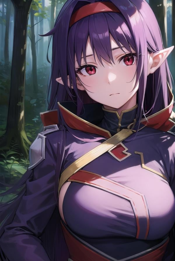 yuukikonno, <lora:yuukikonno-lora-nochekaiser:1>,yuuki konno, hairband, long hair, pointy ears, purple hair, (red eyes:1.5),BREAK black thighhighs, detached sleeves, thighhighs, dress, purple dress, armor, purple armor,BREAK looking at viewer, upper body, full body,BREAK outdoors, forest, nature,BREAK <lyco:GoodHands-beta2:1>, (masterpiece:1.2), best quality, high resolution, unity 8k wallpaper, (illustration:0.8), (beautiful detailed eyes:1.6), extremely detailed face, perfect lighting, extremely detailed CG, (perfect hands, perfect anatomy),