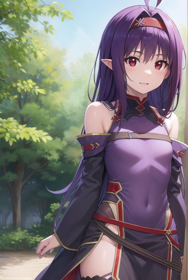 yuukikonno, <lora:yuukikonno-lora-nochekaiser:1>,yuuki konno, hairband, long hair, pointy ears, purple hair, (red eyes:1.5), (small breasts:1.2), <lora:talkmouth_E_v100:1>, open mouth,BREAK black thighhighs, detached sleeves, thighhighs, dress, purple dress, armor, purple armor,BREAK looking at viewer, upper body, full body,BREAK outdoors, forest, nature,BREAK <lyco:GoodHands-beta2:1>, (masterpiece:1.2), best quality, high resolution, unity 8k wallpaper, (illustration:0.8), (beautiful detailed eyes:1.6), extremely detailed face, perfect lighting, extremely detailed CG, (perfect hands, perfect anatomy),