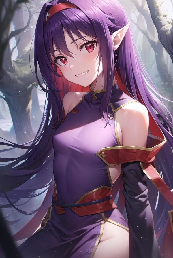 yuukikonno, <lora:yuukikonno-lora-nochekaiser:1>,yuuki konno, hairband, long hair, pointy ears, purple hair, (red eyes:1.5), (small breasts:1.2), <lora:talkmouth_I_v100:1>, open mouth,BREAK black thighhighs, detached sleeves, thighhighs, dress, purple dress, armor, purple armor,BREAK looking at viewer, upper body, full body,BREAK outdoors, forest, nature,BREAK <lyco:GoodHands-beta2:1>, (masterpiece:1.2), best quality, high resolution, unity 8k wallpaper, (illustration:0.8), (beautiful detailed eyes:1.6), extremely detailed face, perfect lighting, extremely detailed CG, (perfect hands, perfect anatomy),