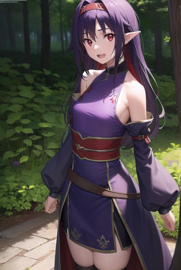 yuukikonno, <lora:yuukikonno-lora-nochekaiser:1>,yuuki konno, hairband, long hair, pointy ears, purple hair, (red eyes:1.5), (small breasts:1.2), <lora:talkmouth_A_v100:1>, open mouth,BREAK black thighhighs, detached sleeves, thighhighs, dress, purple dress, armor, purple armor,BREAK looking at viewer, upper body, full body,BREAK outdoors, forest, nature,BREAK <lyco:GoodHands-beta2:1>, (masterpiece:1.2), best quality, high resolution, unity 8k wallpaper, (illustration:0.8), (beautiful detailed eyes:1.6), extremely detailed face, perfect lighting, extremely detailed CG, (perfect hands, perfect anatomy),