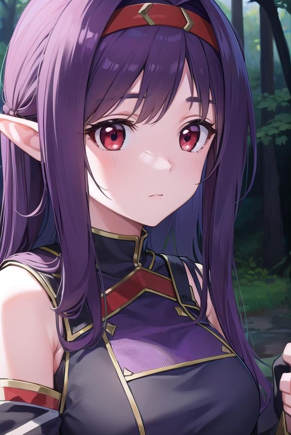 yuukikonno, <lora:yuukikonno-lora-nochekaiser:1>,yuuki konno, hairband, long hair, pointy ears, purple hair, (red eyes:1.5),BREAK black thighhighs, detached sleeves, thighhighs, dress, purple dress, armor, purple armor,BREAK looking at viewer, upper body, full body,BREAK outdoors, forest, nature,BREAK <lyco:GoodHands-beta2:1>, (masterpiece:1.2), best quality, high resolution, unity 8k wallpaper, (illustration:0.8), (beautiful detailed eyes:1.6), extremely detailed face, perfect lighting, extremely detailed CG, (perfect hands, perfect anatomy),