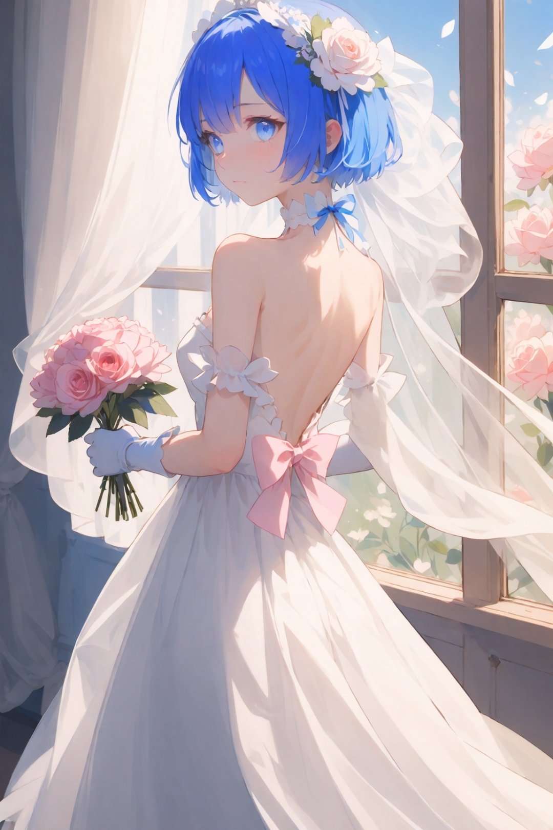 , 1girl, flower, dress, solo, rem \(re:zero\), blue eyes, short hair, blue hair, breasts, gloves, wedding dress, rose, elbow gloves, holding, looking at viewer, veil, blue flower, hair ornament, bare shoulders, holding flower, blush, white dress, ribbon, backless dress, petals, blue rose, white gloves, backless outfit, hair ribbon, bridal veil, window, curtains, x hair ornament, indoors, strapless dress, strapless, medium breasts, bangs, looking back, bride, from behind, pink ribbon, backlighting, back