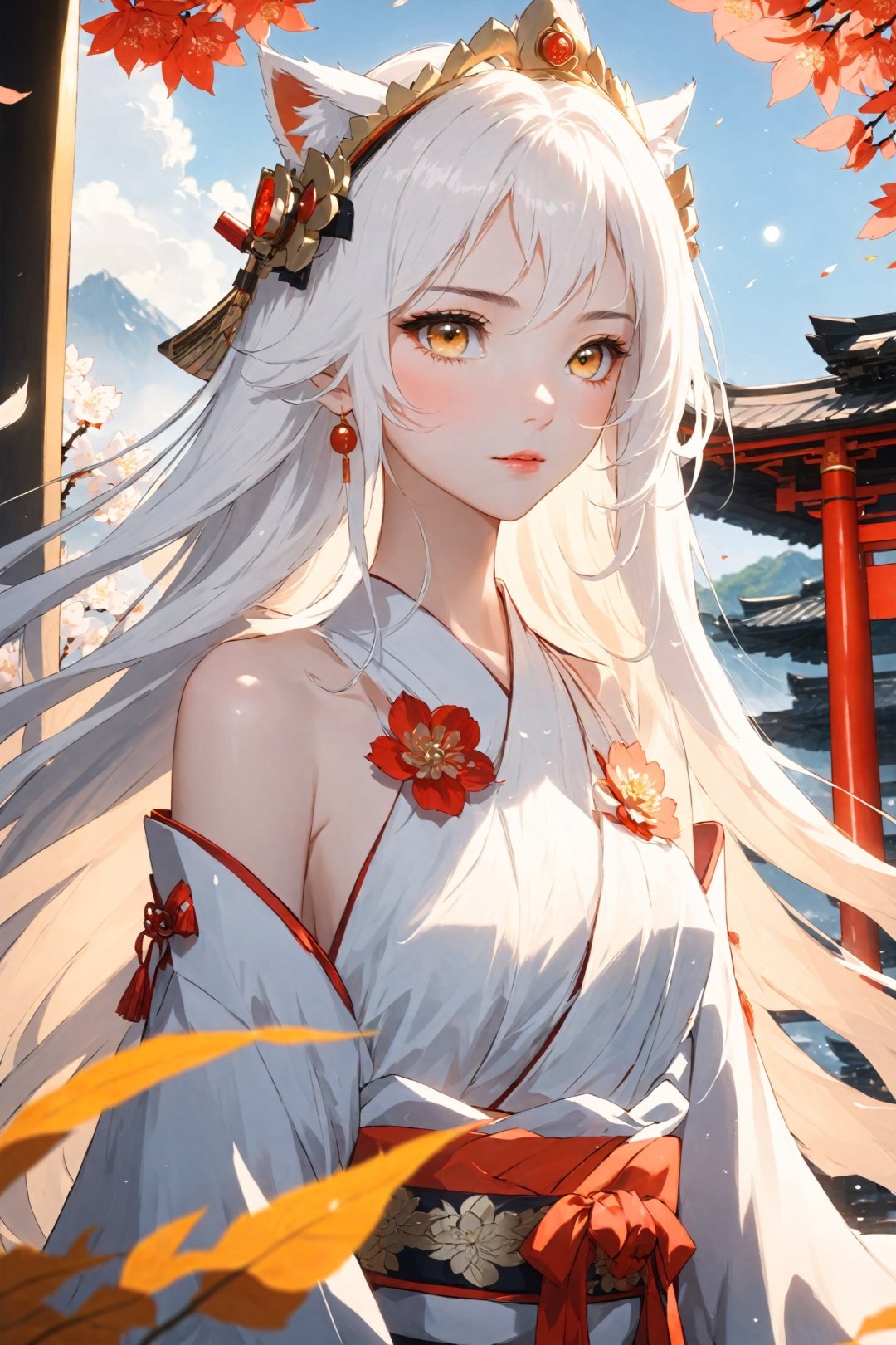 (masterpiece, best quality, ultra-detailed, highres), (((solo))),(sidelighting, lustrous skin), (bloom), (shine), lighting, strong rim light,white hair,(miko),((tangzhuang)),beautiful detailed eyes,beautiful detailed girl,an extremely delicate and beautiful,tiara,lipstick,beautiful and delicate water,nature,(shrine),shiratama kitsune,golden eyes,long hair, hand on own chest,
