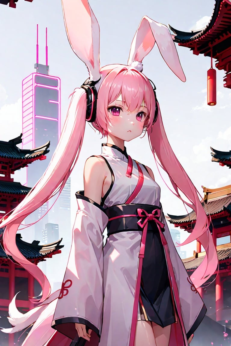 rabbit, with Chinese style, light pink, mecha style, long rabbit ears on both sides ,minimalism,Future City