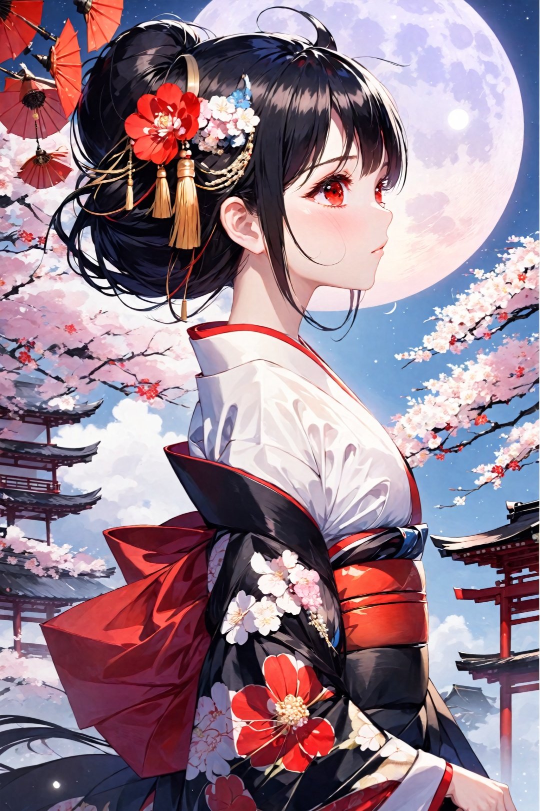 , 1girl, hair ornament, japanese clothes, solo, kimono, from side, red eyes, upper body, flower, black hair, hair flower, looking at viewer, tassel, dragon, black kimono, bangs, floral print, profile, sidelocks, egasumi, moon, sash, obi, hair stick, kanzashi, print kimono, closed mouth, glowing eyes, long hair