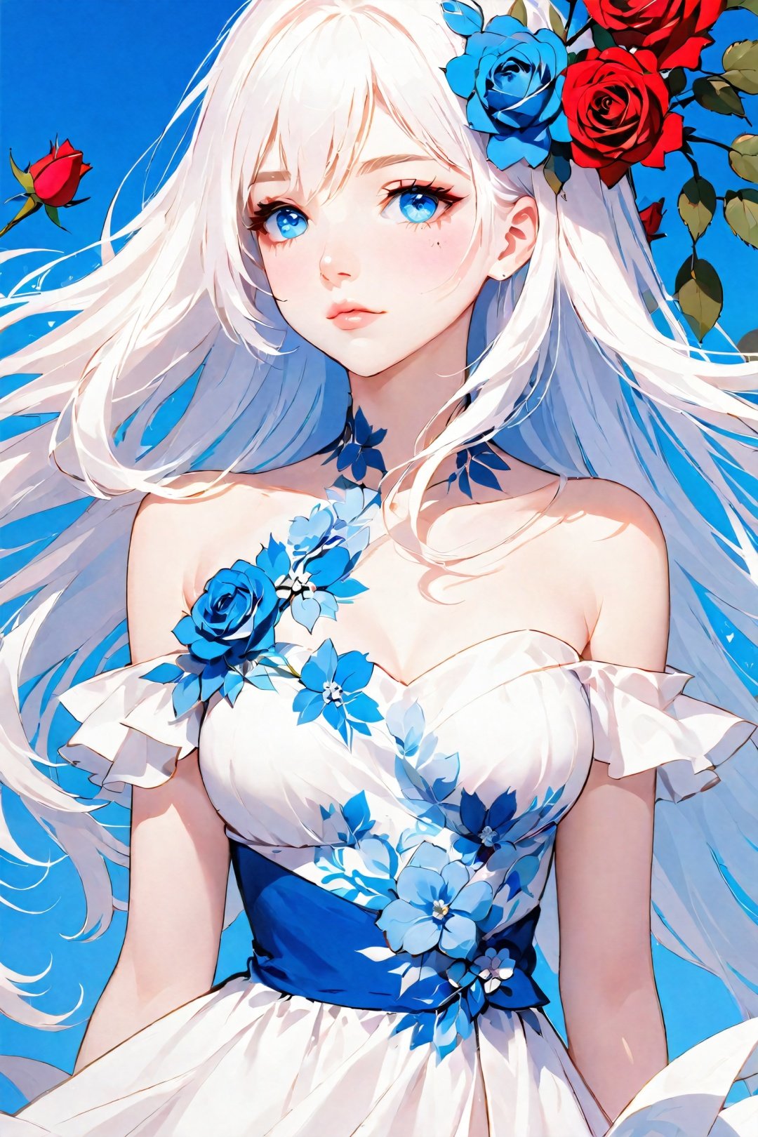 , 1girl, solo, flower, hair ornament, hair flower, blue eyes, white hair, looking at viewer, upper body, dress, rose, blue flower, bare shoulders, parted lips, long hair, breasts, petals, white dress, tattoo, from side, facial mark, bangs, lips