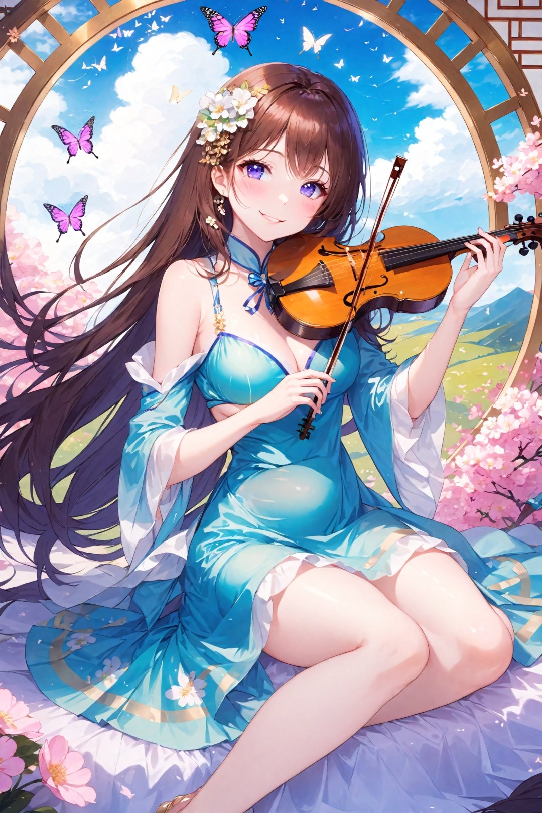 , 1girl, breasts, solo, hair ornament, instrument, long hair, thighhighs, hair rings, butterfly, dress, flower, round window, window, bug, sitting, hair flower, wide sleeves, white thighhighs, smile, cleavage, large breasts, purple eyes, open mouth, very long hair, looking at viewer, playing instrument, sky, detached sleeves, brown hair, bangs, day, bare shoulders, green dress, holding, chinese clothes, floral print, music, lute \(instrument\), toeless legwear, cloud, blush, :d, full body, blue sky, holding instrument, white flower, long sleeves, no shoes, gold trim, lattice, clothing cutout, indoors, cleavage cutout, see-through, pelvic curtain, thighs, light particles, sleeveless, blue dress, china dress, hair between eyes, sleeveless dress