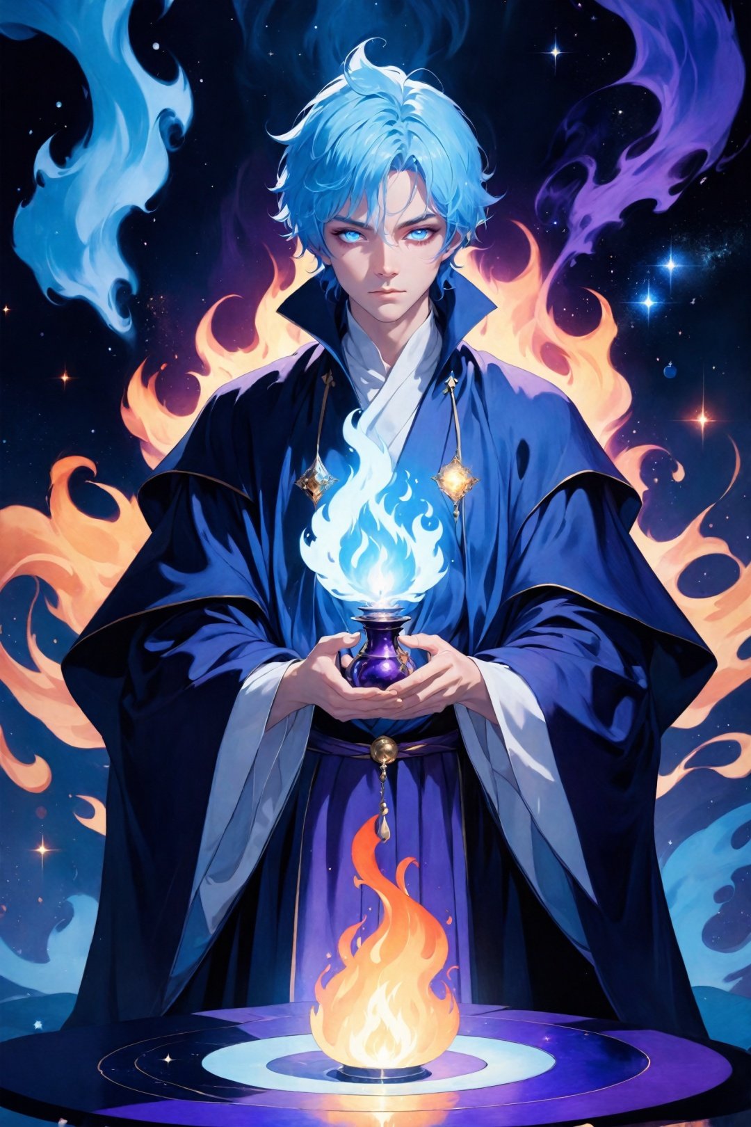 fantasy,(a pale blue flame:1.4),deep space,(magician robe:1.2),purple loose fitting robe,expressionless,with a indifferent expression,(a few tears shed:0.8),a determined intention,raytracing,colored lighting,color dissolution,dark theme,blue theme