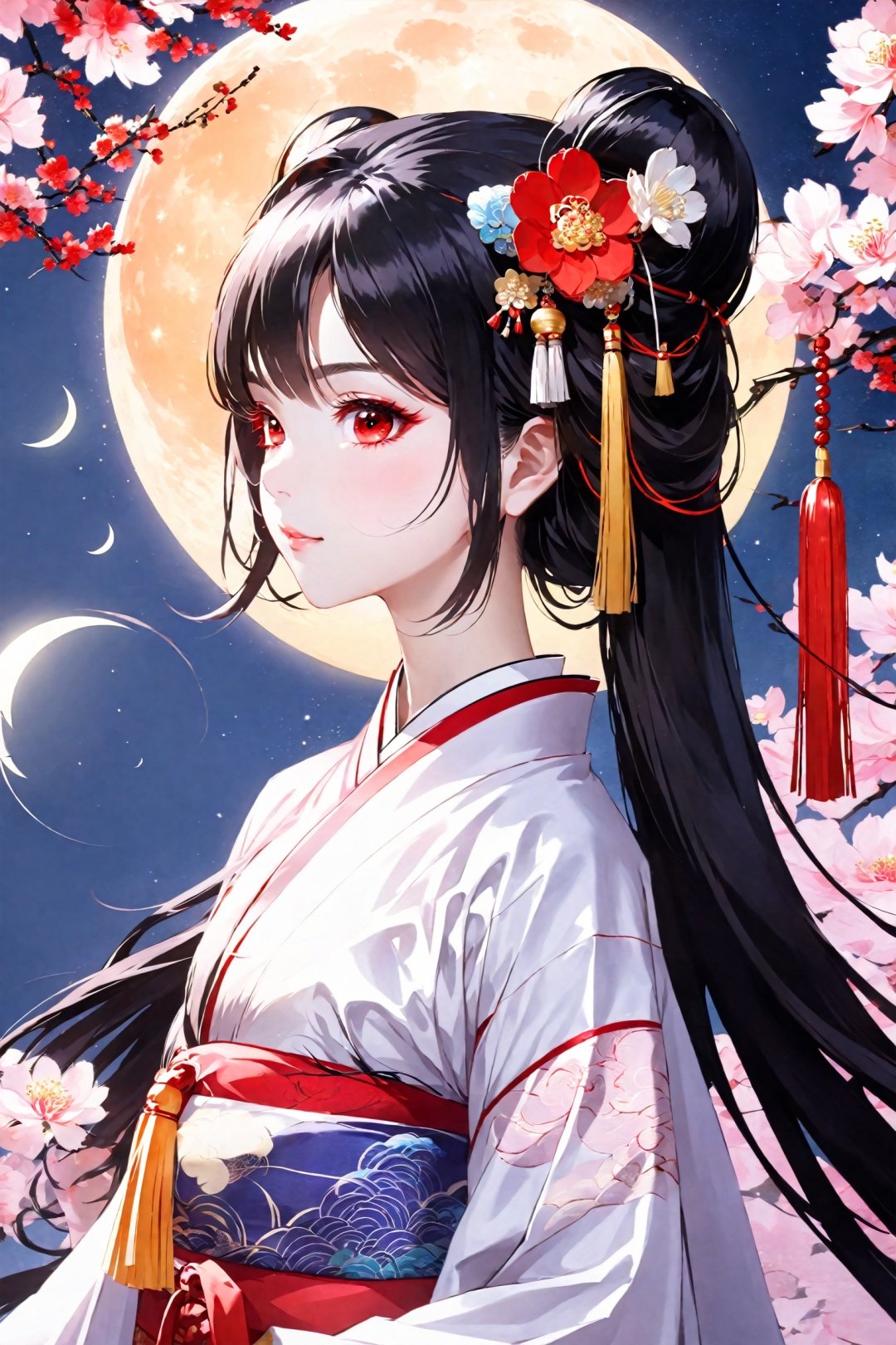 1 girl, hair accessories, Chinese clothing, solo, Hanfu, side, red eyes, flower, black hair, hair flower, looking at the audience, tassels, dragons, bangs, printed, side, side lock, egasumi, moon, belt, obi, hair stick, kanzashi, Hanfu, printed, mouth closed, shining eyes, long hair