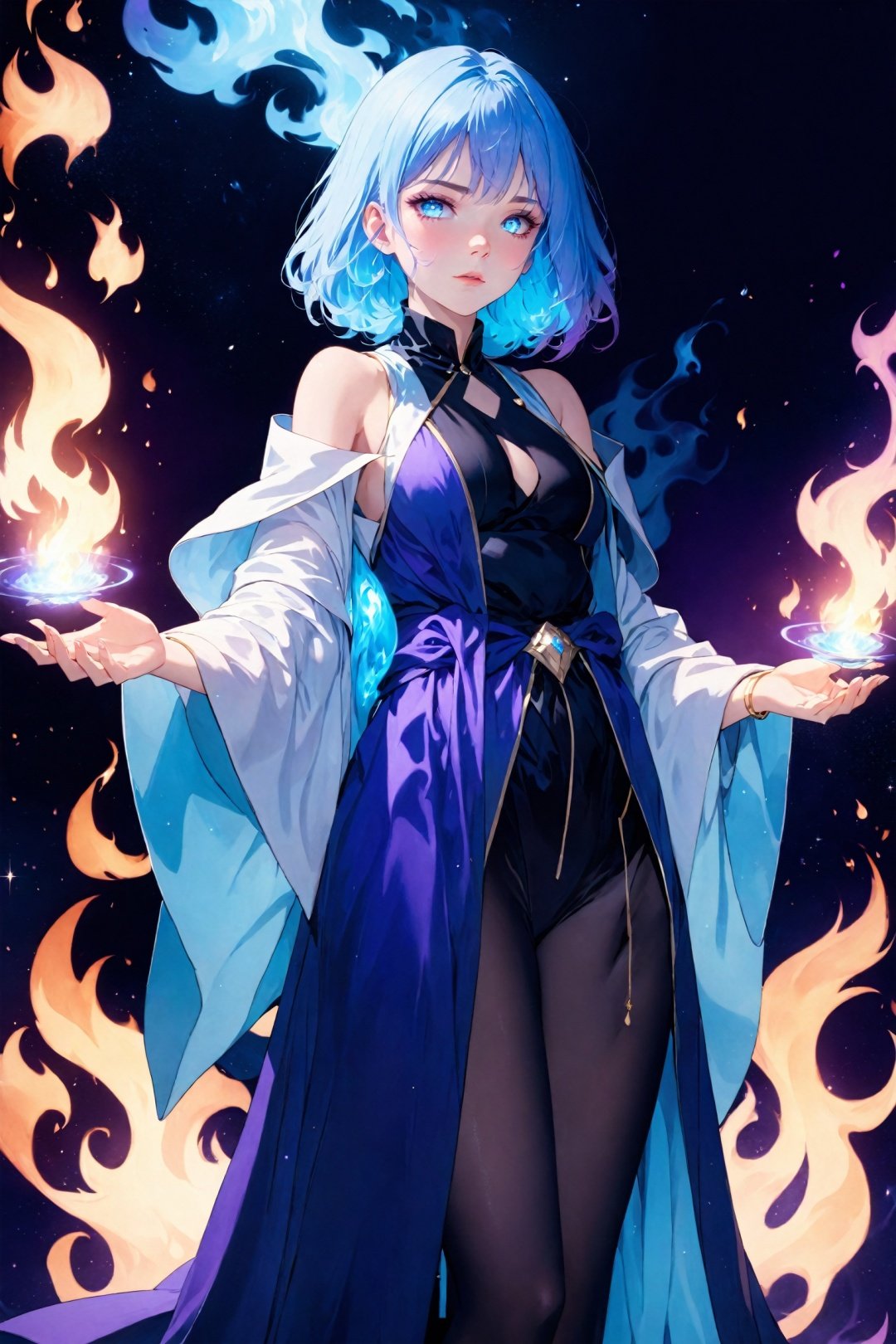 1girl,fantasy,(a pale blue flame:1.4),deep space,(magician robe:1.2),purple loose fitting robe,expressionless,with a indifferent expression,(a few tears shed:0.8),a determined intention,raytracing,colored lighting,color dissolution,dark theme,blue theme