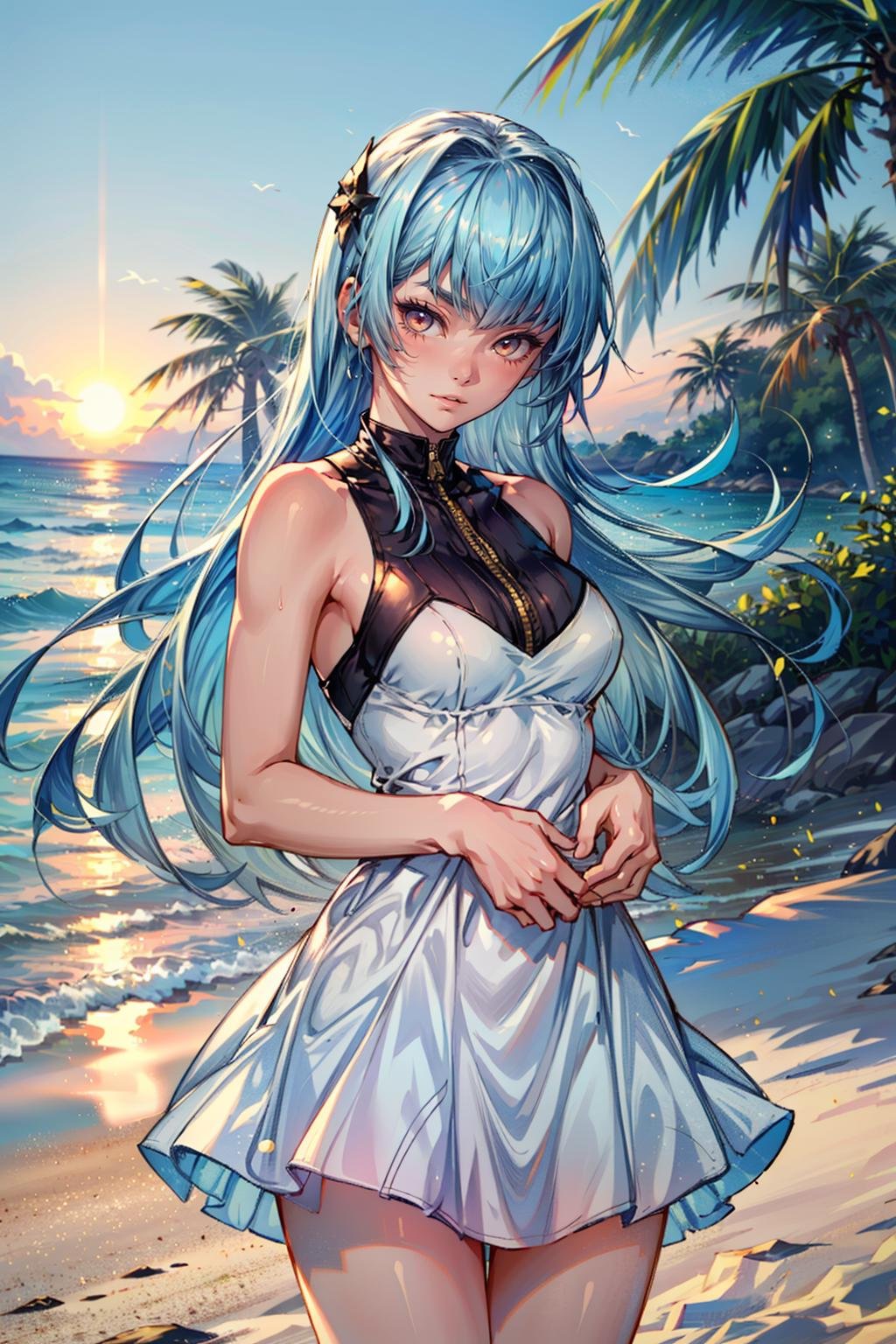 (masterpiece, best quality:1.3)<lora:epi_noiseoffset2:1> <lora:add_detail:0.7>  <lora:KOFKula:0.8>KOFKula, 1girl, solo, blue hair, bangs, at the beach, minidress, palm trees, sundown