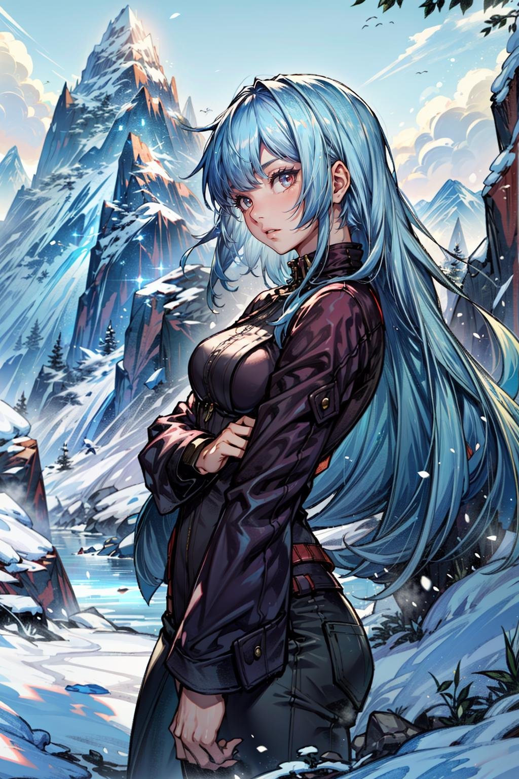 (masterpiece, best quality:1.3)<lora:epi_noiseoffset2:1> <lora:add_detail:0.7>  <lora:KOFKula:0.8>KOFKula, 1girl, solo, blue hair, bangs, mountain trail, midday, clear and crisp light illuminating the landscape