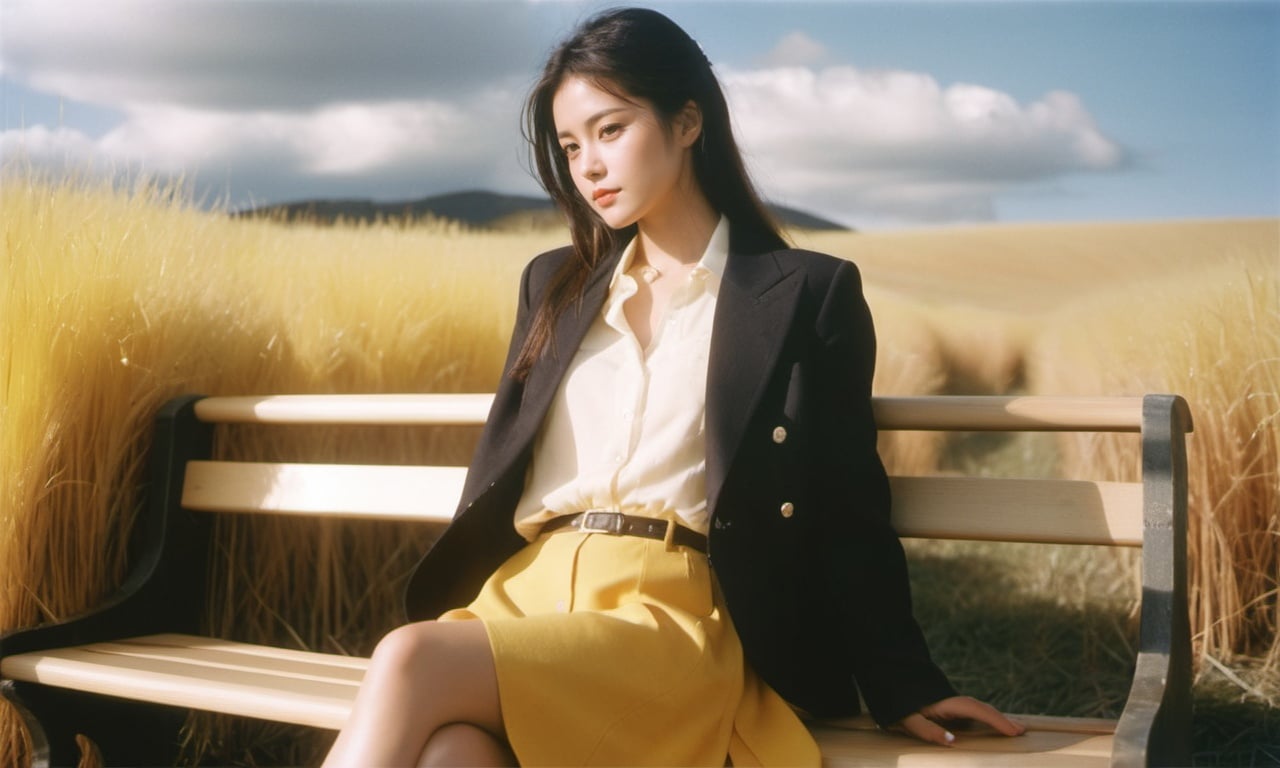 From side,The girl sat in the (wooden bench or stool:1.2), as if waiting for someone,jacket,realistic,upper body,(Yellow grass), cloud,lens_flare,Natural light,Grey Film filter,(KODAK Ektar 100:1.2),portrait, 