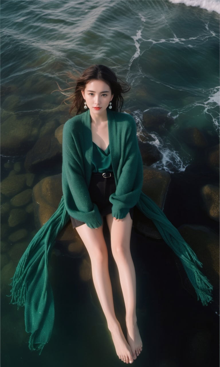 8K,raw,from above,1gril,solo,full body,long legs,sweater,Dark green scarf,sea,The glimmer of the sea,KODAK Ektar 100,(Film grain:1.2),light particles,looking at viewer,earrings