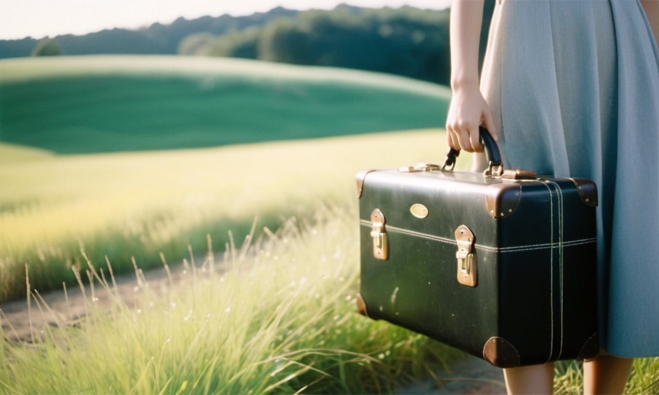 from side,close-up,The girl carried a very old black suitcase in her single hand,realistic,(Yellow and green grass), cloud,lens_flare,Natural light,Grey Film filter,(KODAK Ektar 100:1.2),portrait, 