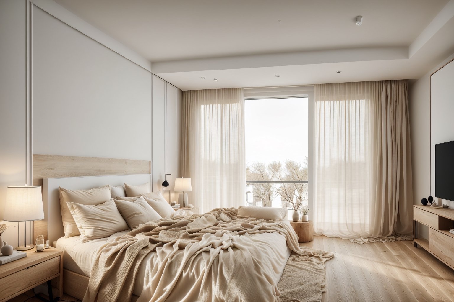 minimalism_bedroom_interior,warming indoor lighting, white ceilling, wood floor, black and beige color scheme, lamp lighting, large window, chiffon curtain, wood wardrobe
