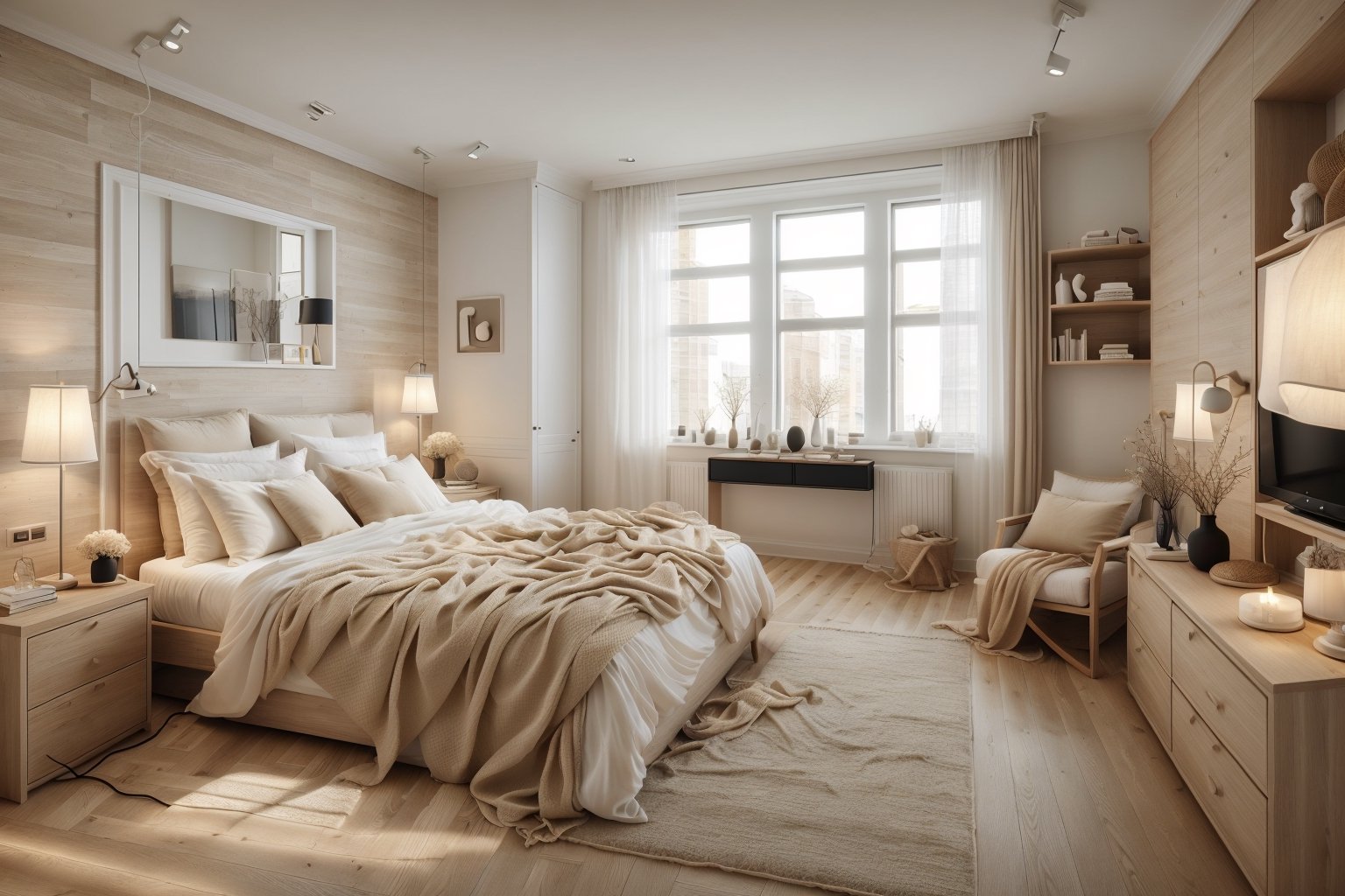 minimalism_bedroom_interior,warming indoor lighting, white ceilling, wood floor, black and beige color scheme, lamp lighting, large window, chiffon curtain, wood wardrobe
