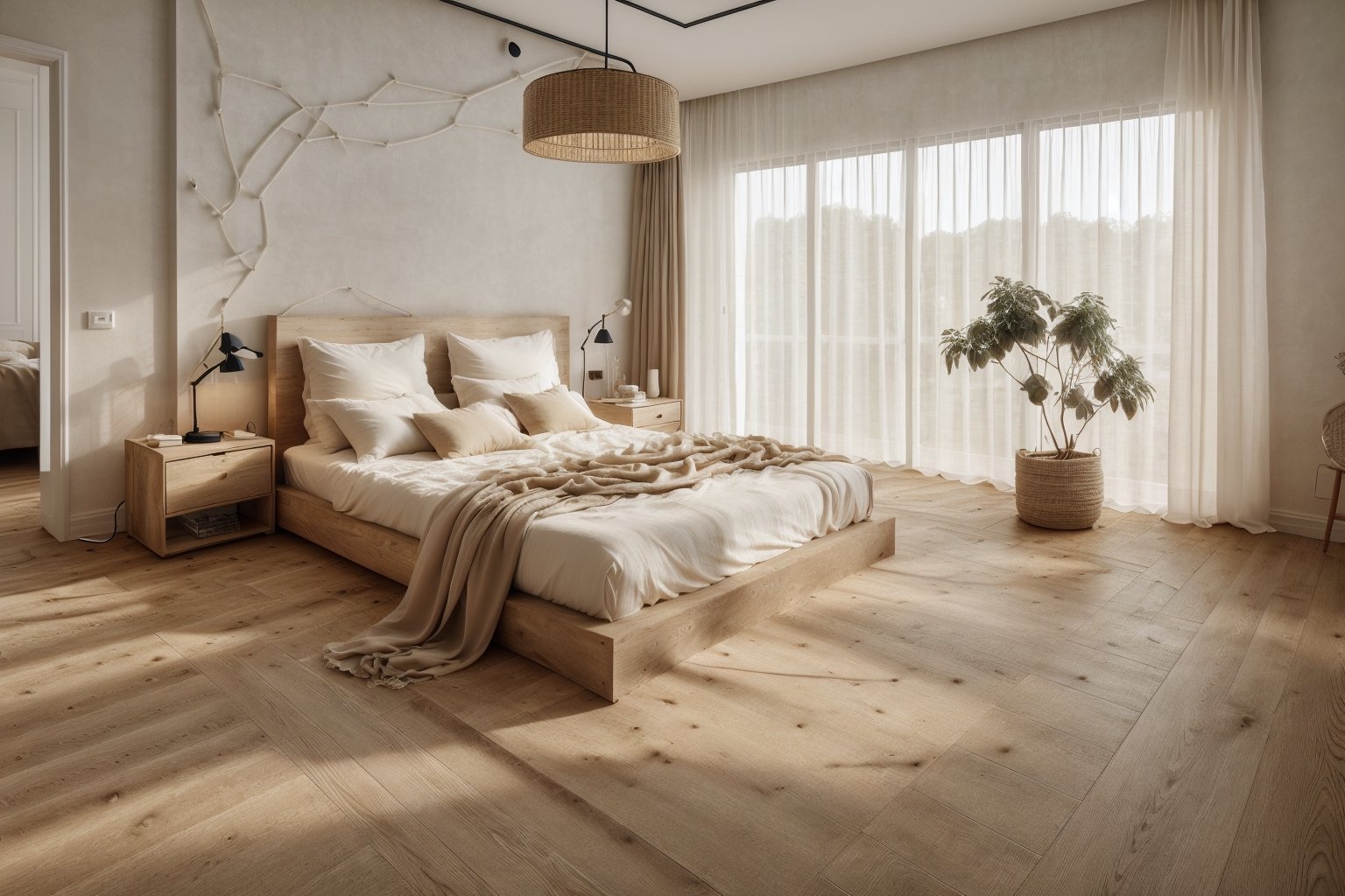 minimalism_bedroom_interior,warming indoor lighting, white ceilling, wood floor, black and beige color scheme, lamp lighting, large window, chiffon curtain, wood wardrobe
