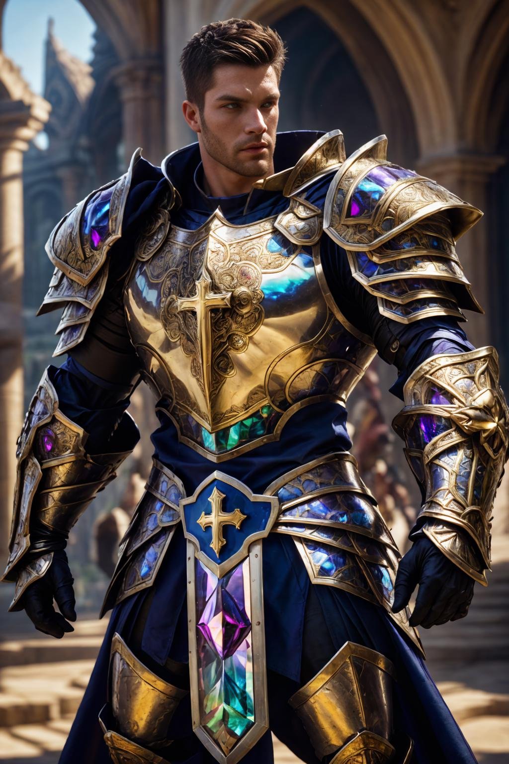 realistic, ((masterpiece)), ((best quality)), (detailed), cinematic, dynamic lighting, soft shadow, detailed background, professional photography, depth of field, intricate, detailed face, subsurface scattering, realistic hair, realistic eyes, muscular, manly, photo of a handsome man, bismuth4rmor, wearing bismuth paladin armor, holding shield, cross,