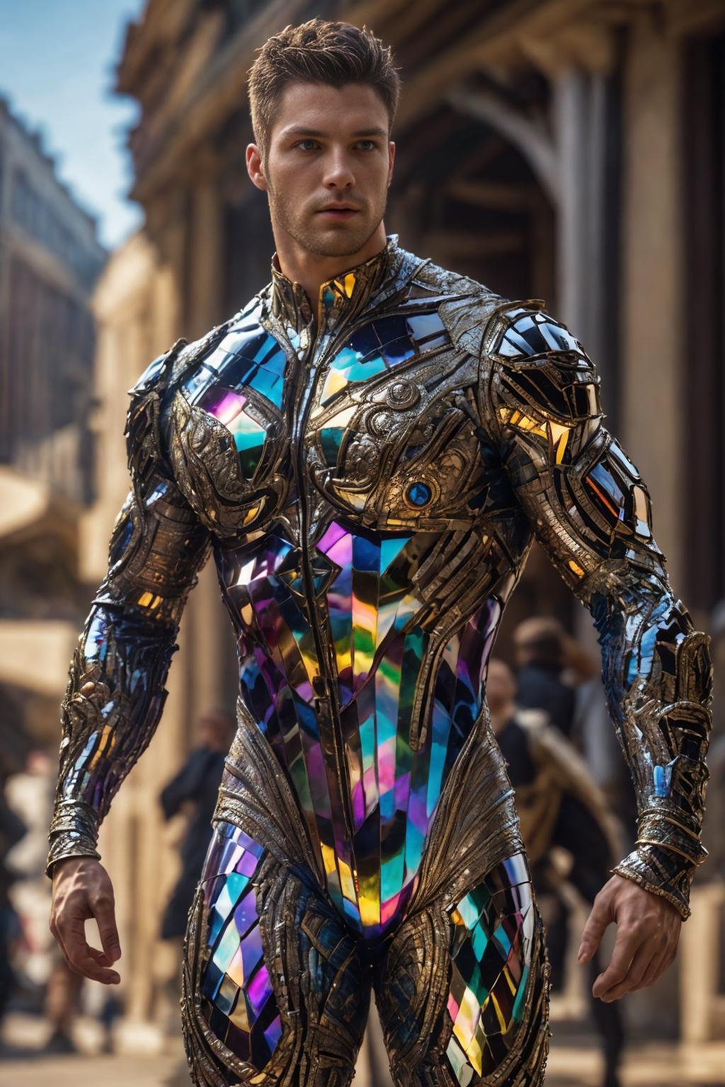realistic, ((masterpiece)), ((best quality)), (detailed), cinematic, dynamic lighting, soft shadow, detailed background, professional photography, depth of field, intricate, detailed face, subsurface scattering, realistic hair, realistic eyes, muscular, manly, photo of a handsome man, bismuth4rmor, wearing bismuth bodysuit,