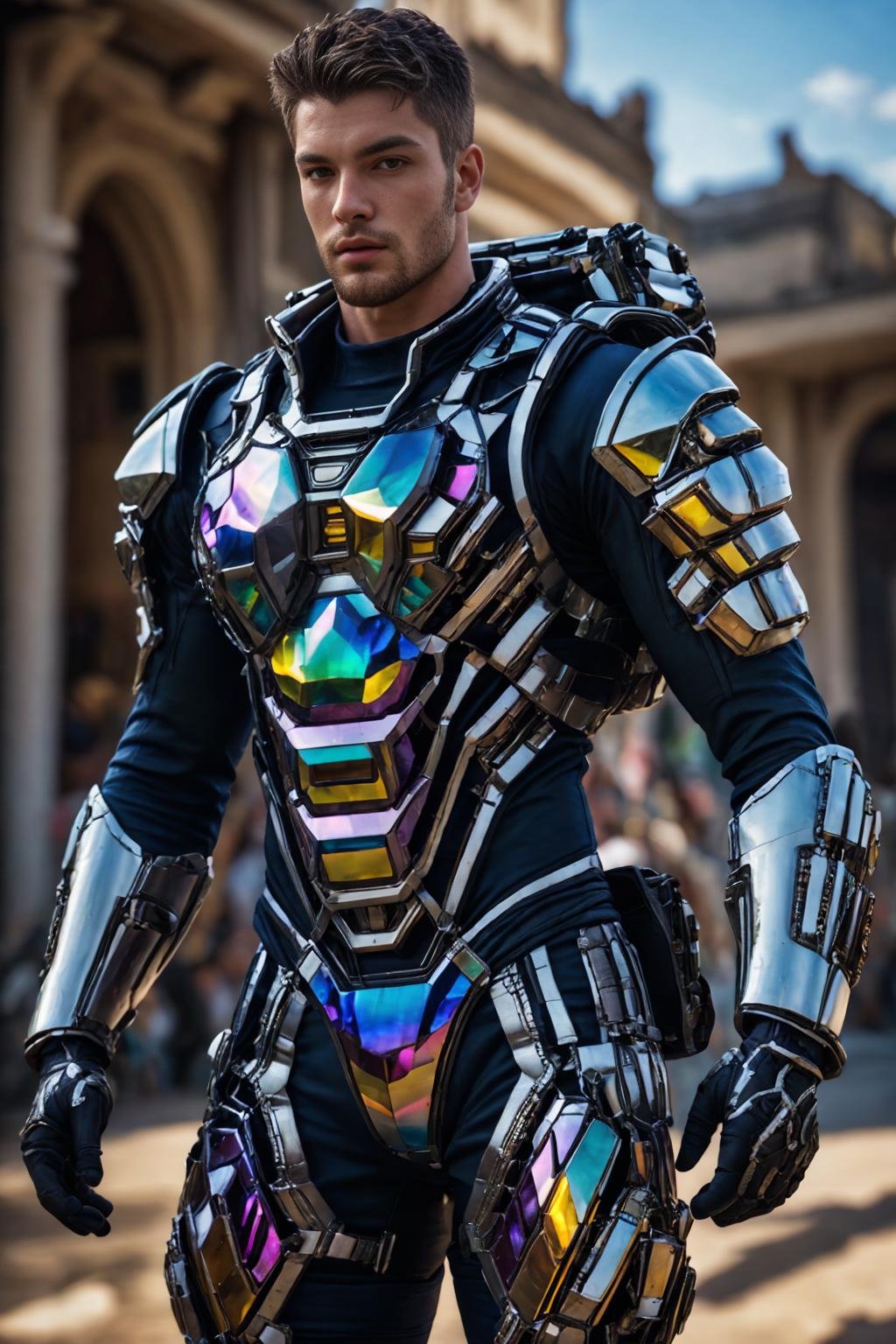 realistic, ((masterpiece)), ((best quality)), (detailed), cinematic, dynamic lighting, soft shadow, detailed background, professional photography, depth of field, intricate, detailed face, subsurface scattering, realistic hair, realistic eyes, muscular, manly, photo of a handsome man, bismuth4rmor, wearing bismuth exosuit,