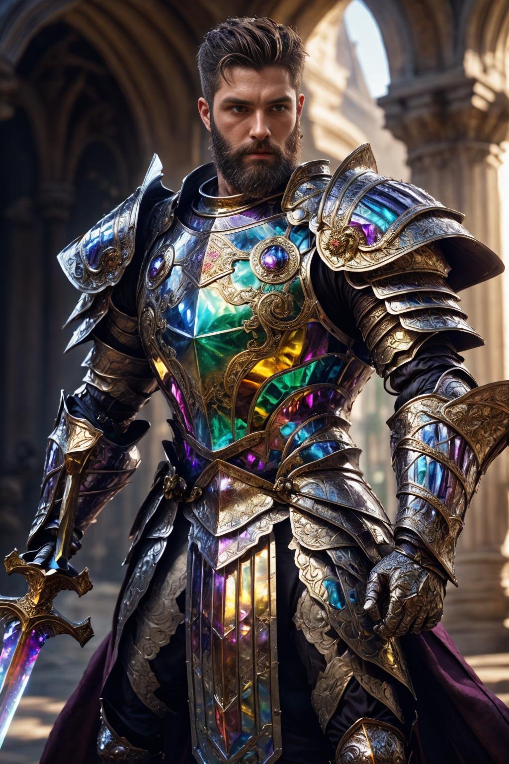 realistic, ((masterpiece)), ((best quality)), (detailed), cinematic, dynamic lighting, soft shadow, detailed background, professional photography, depth of field, intricate, detailed face, subsurface scattering, realistic hair, realistic eyes, muscular, manly, photo of a handsome man, bismuth4rmor, wearing (bismuth) knight armor, beard, sword,