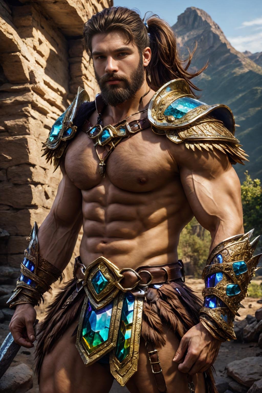 realistic, ((masterpiece)), ((best quality)), (detailed), cinematic, dynamic lighting, soft shadow, detailed background, professional photography, depth of field, intricate, detailed face, subsurface scattering, realistic hair, realistic eyes, muscular, manly, photo of a handsome man, bismuth4rmor, wearing bismuth barbarian armor, harness, brunette hair, short ponytail, beard, mountains, outdoors,
