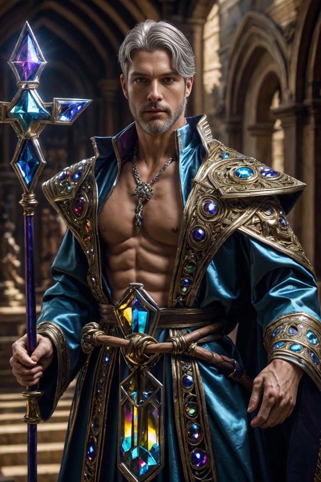 realistic, ((masterpiece)), ((best quality)), (detailed), cinematic, dynamic lighting, soft shadow, detailed background, professional photography, depth of field, intricate, detailed face, subsurface scattering, realistic hair, realistic eyes, muscular, manly, photo of a handsome man, bismuth4rmor, wearing bismuth wizard robe, holding staff, (40 year old), silver hair,