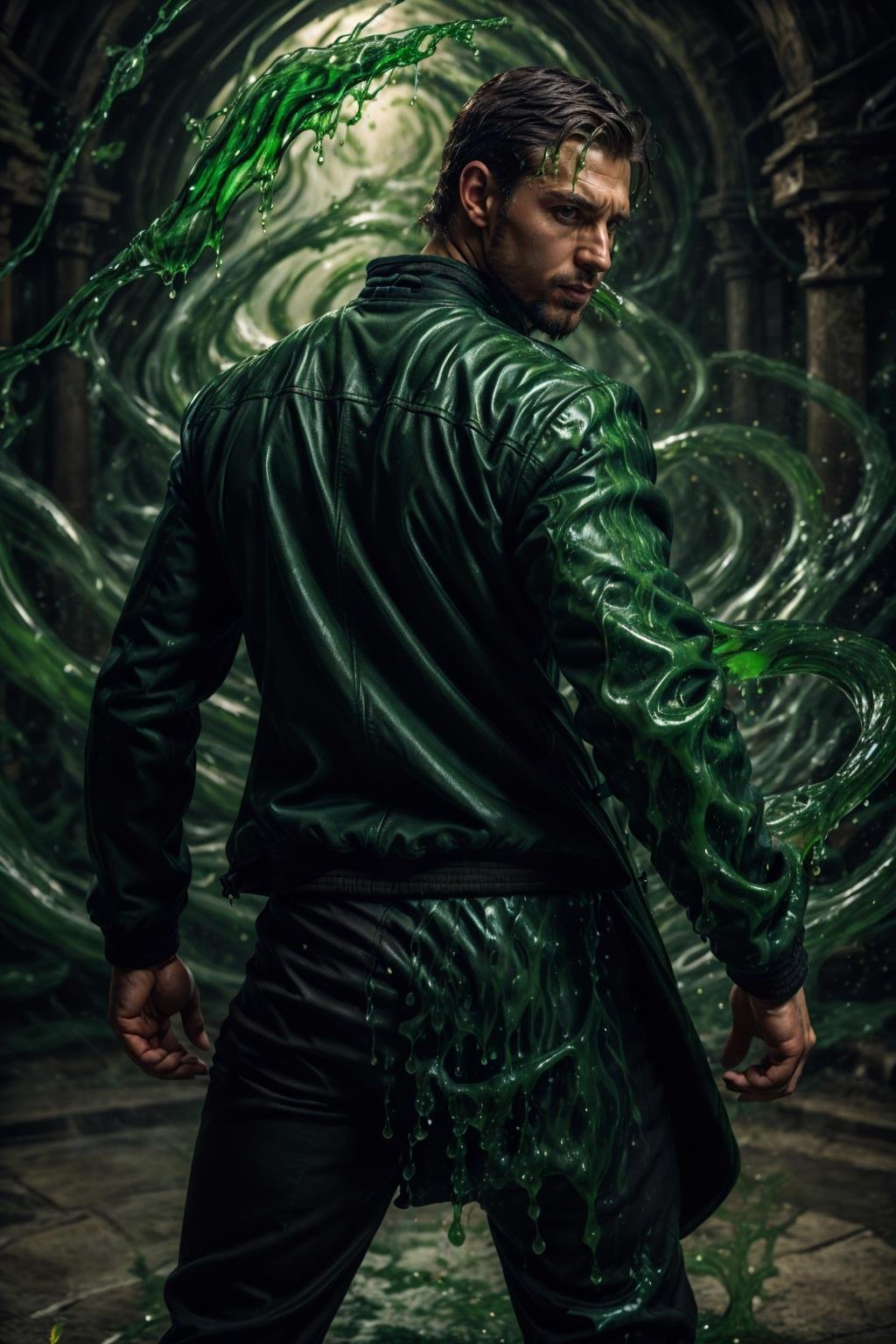 realistic, masterpiece, intricate details, detailed background, depth of field, photo of a handsome (british man), ven0mancer, dynamic pose, (jacket), (pants), from behind, venom liquid, close up, face portrait, swirling green liquid,