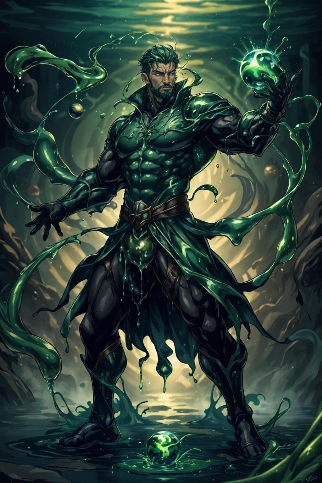 (french man), ven0mancer, venom liquid, venom orb, dynamic pose, standing, floating green liquid,, (best quality), (masterpiece), (highly detailed), cinematic, (detailed background), depth of field, intricate details, 8k, bara, photo of a handsome man,