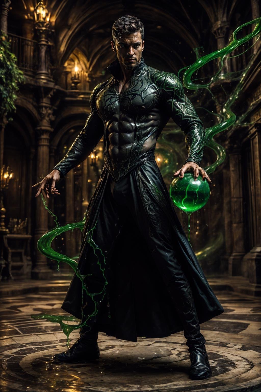 realistic, masterpiece, intricate details, detailed background, depth of field, photo of a handsome (french man), ven0mancer, venom liquid, venom orb, dynamic pose, standing,