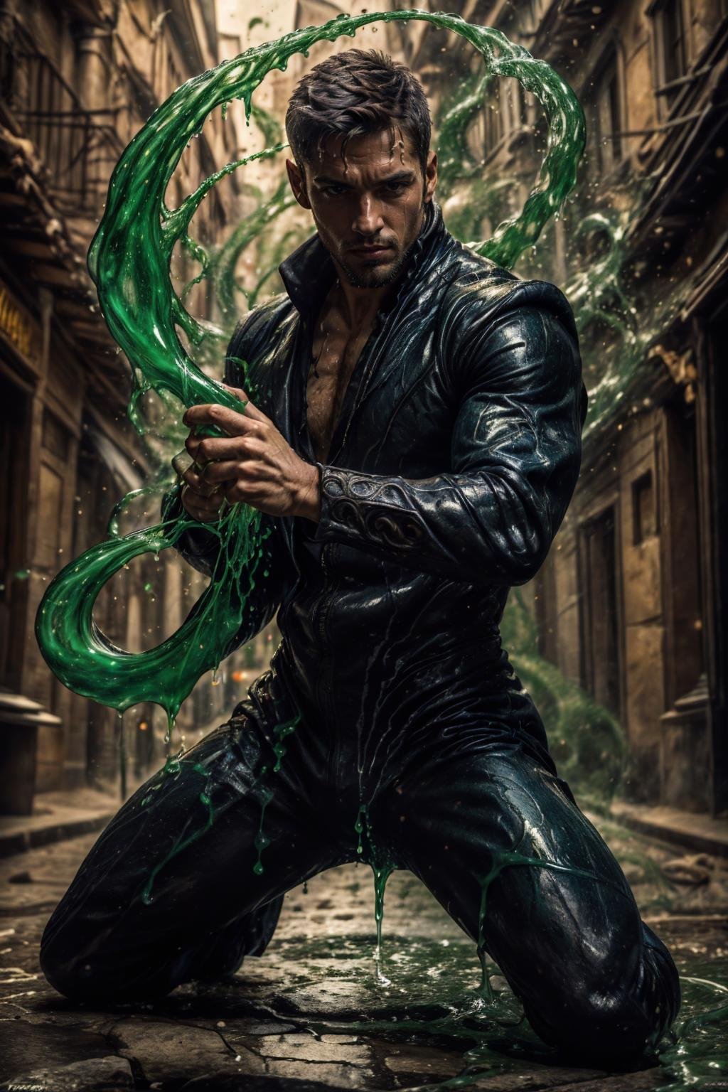 realistic, masterpiece, intricate details, detailed background, depth of field, photo of a handsome (french man), ven0mancer, venom liquid, dynamic pose,