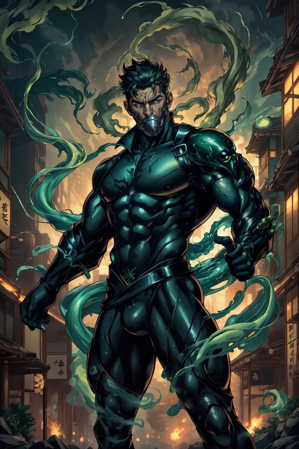 (japanese man), ven0mancer, venom smoke, dynamic pose, gas mask, bodysuit, fantasy industrial background, swirling green smoke, outdoors, black hair,, (best quality), (masterpiece), (highly detailed), cinematic, (detailed background), depth of field, intricate details, 8k, bara, photo of a handsome man,