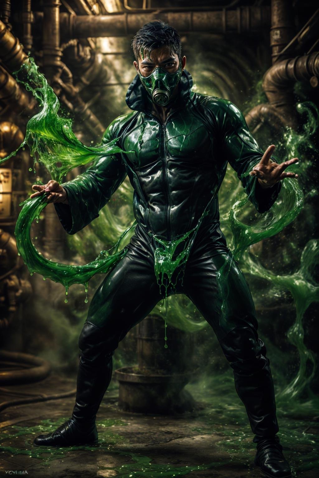realistic, masterpiece, intricate details, detailed background, depth of field, photo of a handsome (japanese man), ven0mancer, venom liquid, dynamic pose, gas mask, bodysuit, fantasy industrial background, covered in green liquid,