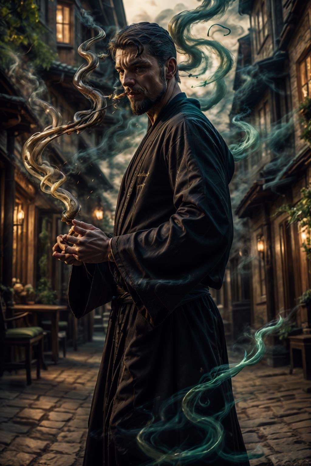 realistic, masterpiece, intricate details, detailed background, depth of field, photo of a handsome (danish man), ven0mancer, venom smoke, dynamic pose, wizard robe, (40 years old), beard, outdoors, from side,