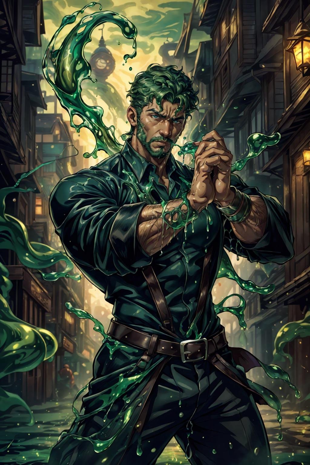 (british man), ven0mancer, fighting stance, shirt, pants, venom liquid, close up, face portrait, fantasy city background, swirling green liquid,, (best quality), (masterpiece), (highly detailed), cinematic, (detailed background), depth of field, intricate details, 8k, bara, photo of a handsome man,