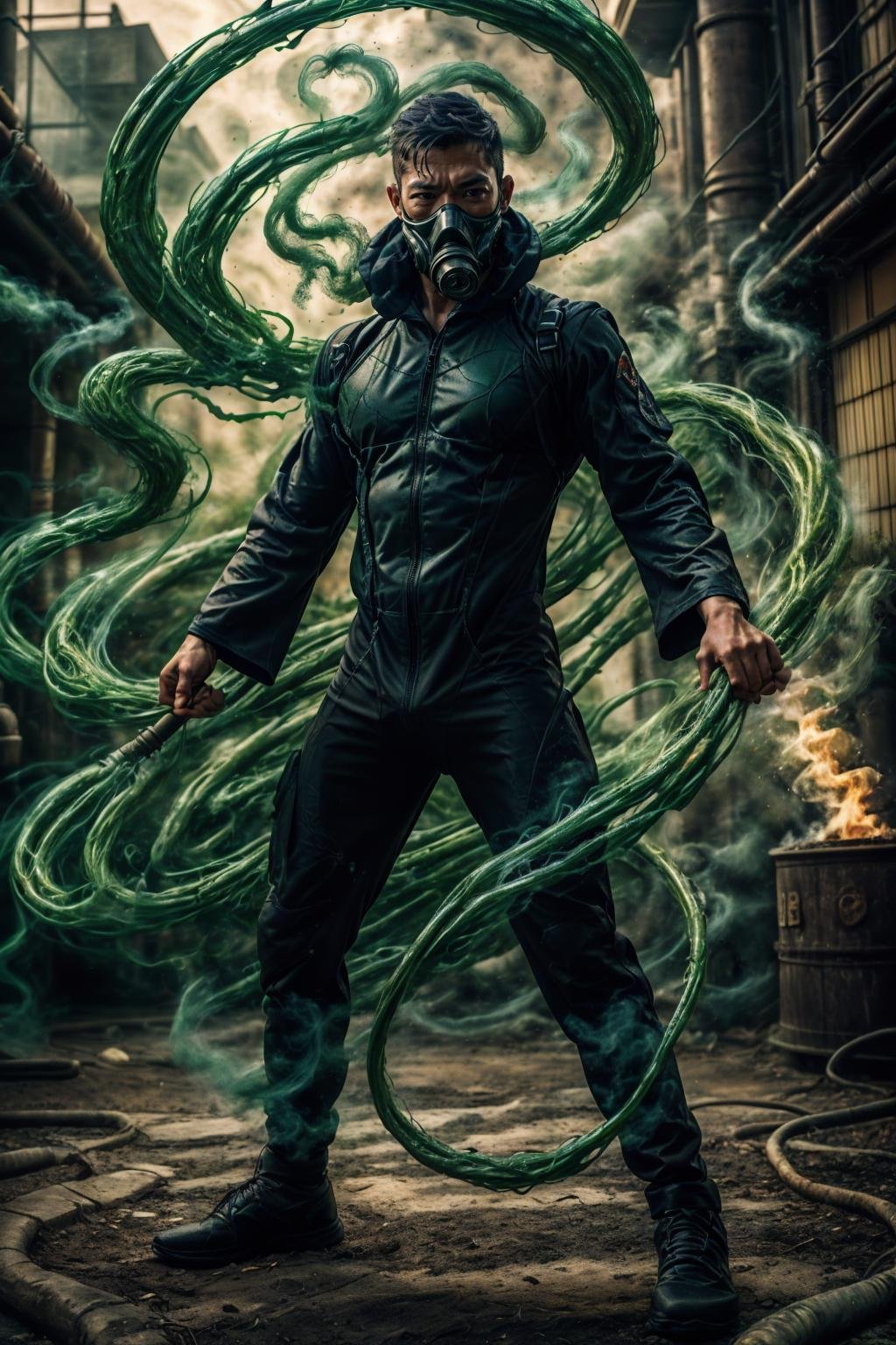 realistic, masterpiece, intricate details, detailed background, depth of field, photo of a handsome (japanese man), ven0mancer, venom smoke, dynamic pose, gas mask, bodysuit, fantasy industrial background, swirling green smoke, outdoors,