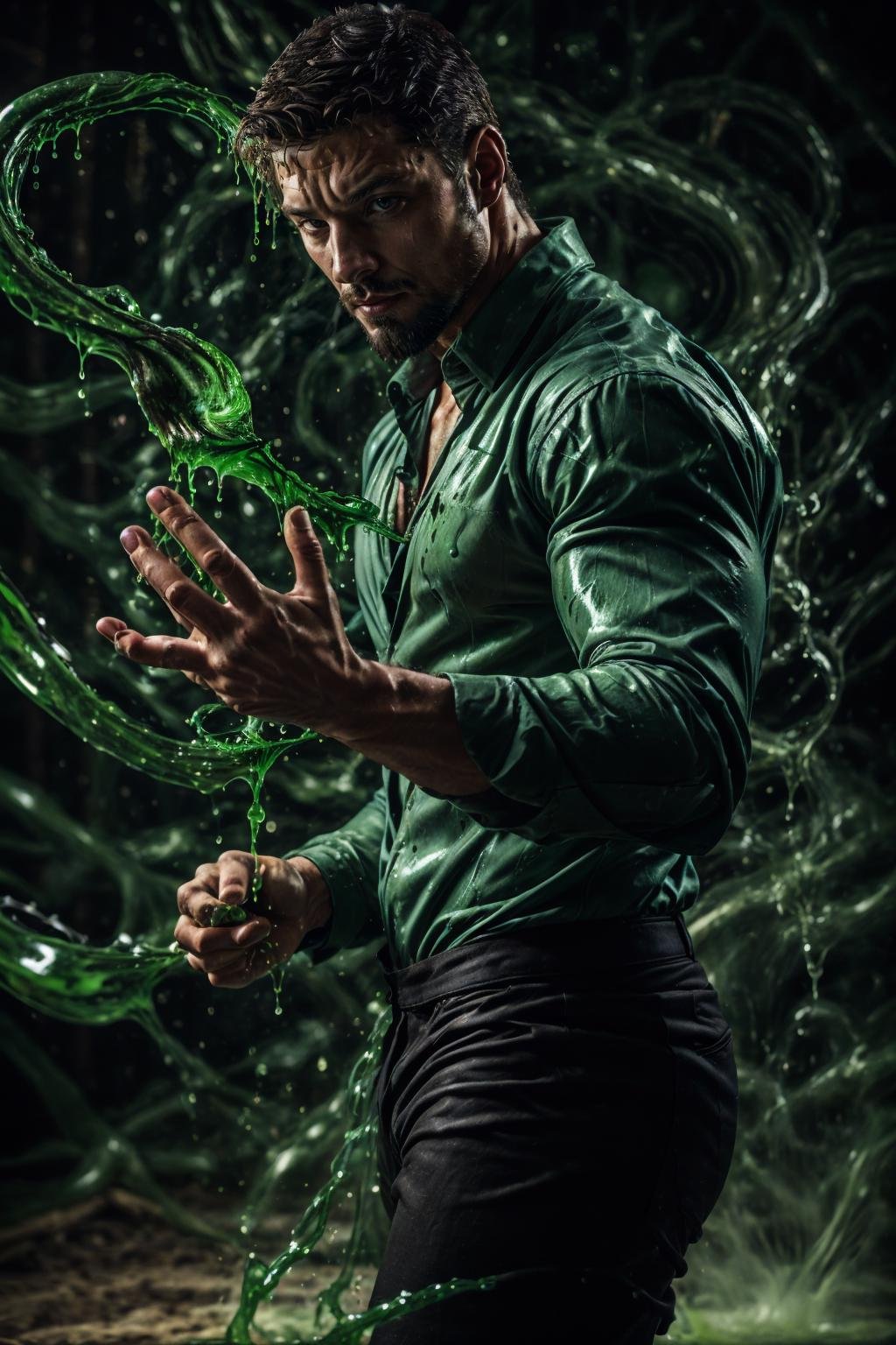 realistic, masterpiece, intricate details, detailed background, depth of field, photo of a handsome (british man), ven0mancer, venom hand, fighting stance, shirt, pants, from side, venom liquid, close up, face portrait, covered in green liquid,