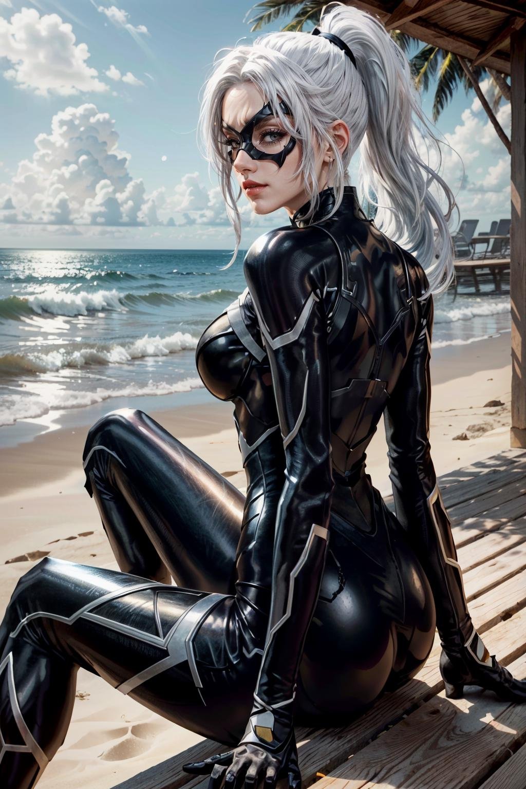 (masterpiece, best quality) <lora:epi_noiseoffset2:1>  <lora:add_detail:0.7>   <lora:MarvelBlackCat:0.8>MarvelBlackCat, 1girl, solo, long hair, white hair, mask, ponytail, seductive, sitting at a beach and drinking tea, ethereal, dreamy, backlit, highly detailed, 8k, digital painting, trending on