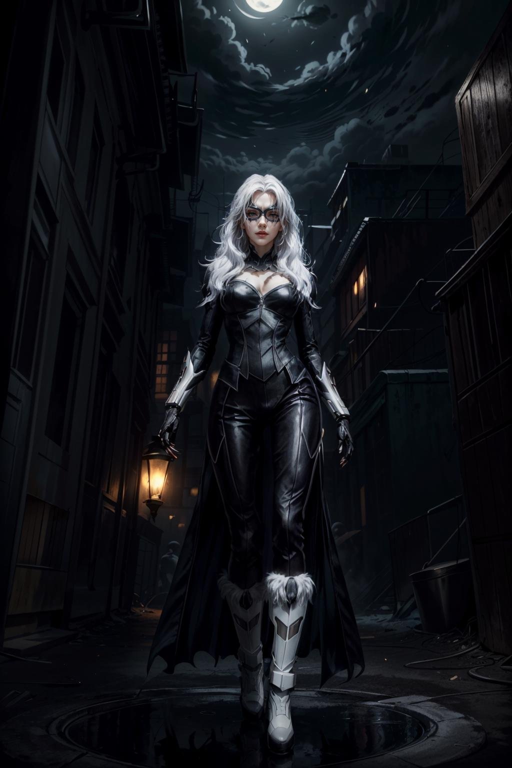 (masterpiece, best quality) <lora:epi_noiseoffset2:1>  <lora:add_detail:0.7>   <lora:MarvelBlackCat:0.8>MarvelBlackCat, 1girl, solo, long hair, white hair, mask, seductive, standing in a dark forest, moonlight, rooftop, reflections, steam, epic composition, intricate, elegant, volumetric lighting, digital painting, highly