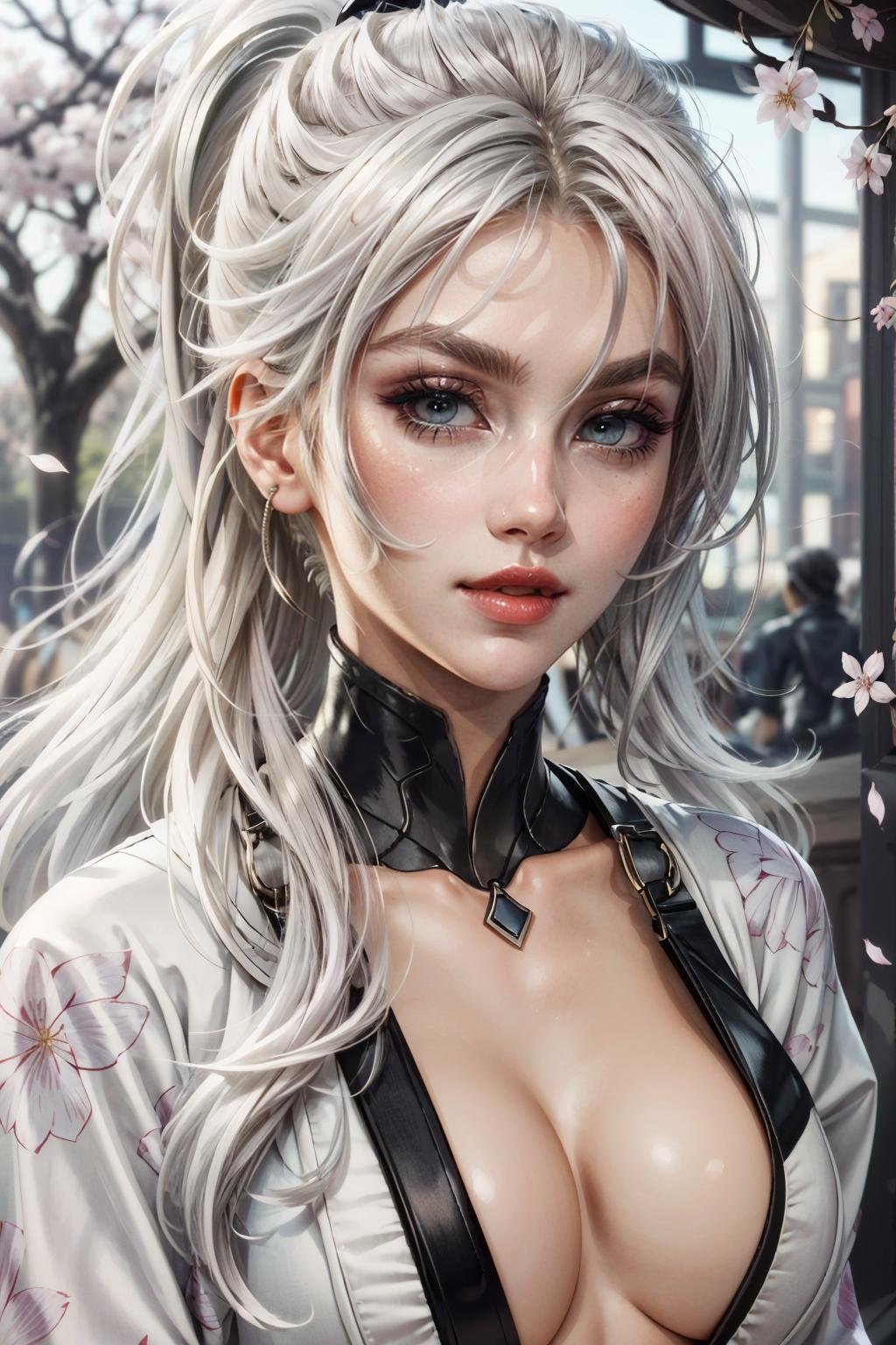 (masterpiece, best quality) <lora:epi_noiseoffset2:1>  <lora:add_detail:0.7>   <lora:MarvelBlackCat:0.8>MarvelBlackCat, 1girl, solo, long hair, white hair,  beautiful face, ponytail, seductive, yukata, japan, cherry blossoms, hair hair ornament rococo, symmetrical facial features, artstation