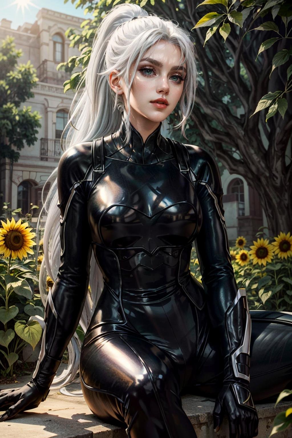 (masterpiece, best quality) <lora:epi_noiseoffset2:1>  <lora:add_detail:0.7>   <lora:MarvelBlackCat:0.8>MarvelBlackCat, 1girl, solo, long hair, white hair,  beautiful face, ponytail, seductive, sitting in a sunflower field, looking up, sunlight glistening through trees, hyperdetailed, artstation, cgs