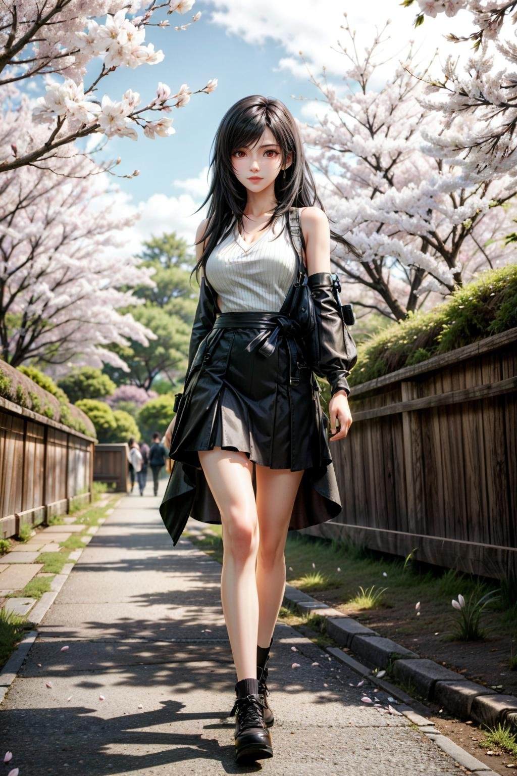 (masterpiece, best quality) <lora:epi_noiseoffset2:1>  <lora:add_detail:0.7>  <lora:TifaFF7:0.9>TifaFF7, 1girl, solo, long hair, red eyes, black hair, walking in a japanese park, cherry blossoms, 