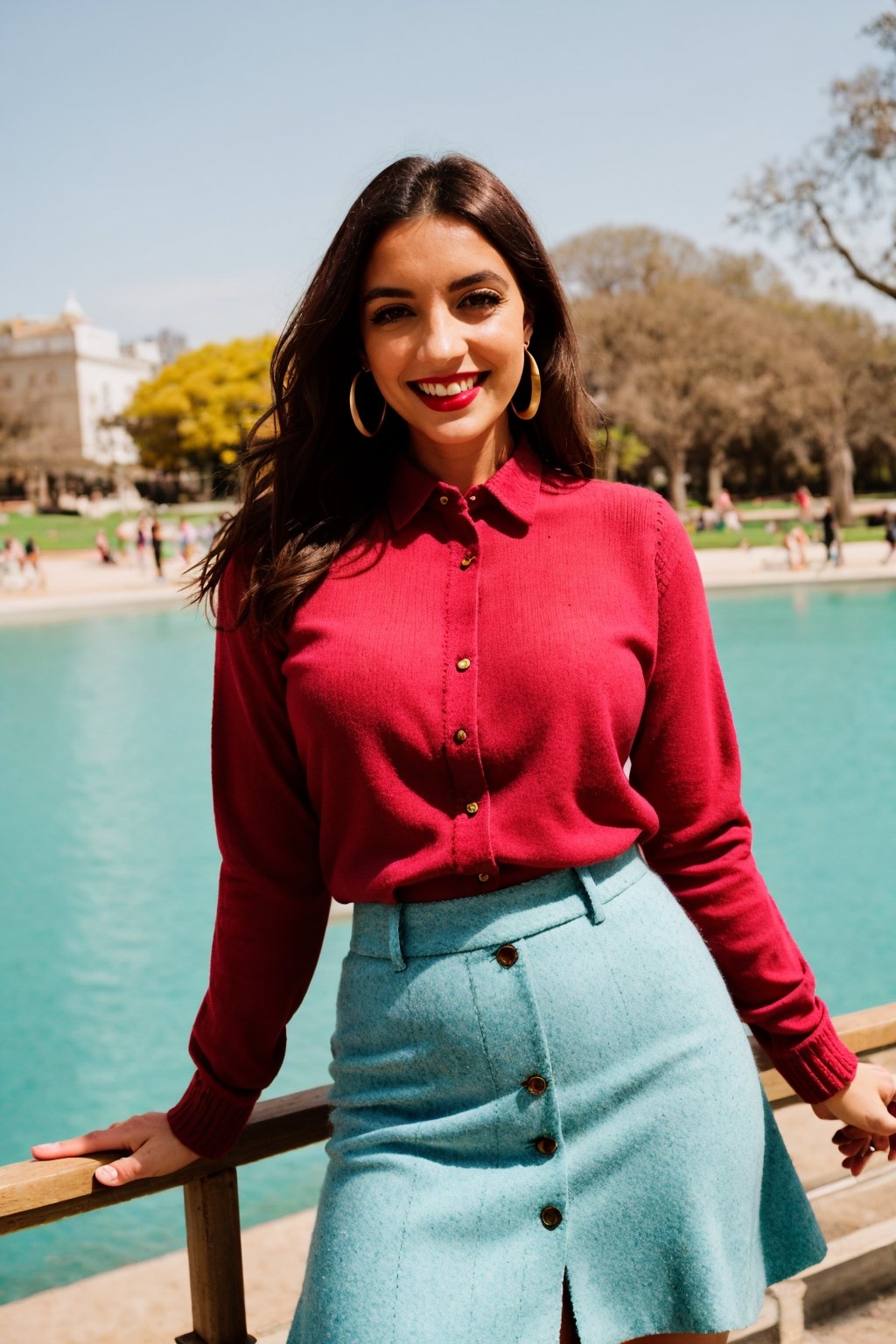 Create a beautiful spanish women, hourglass body shape, Brunette, pink lips, blue eyes, red knitted shirt and skirt, golden earrings,happy, smiling, background of amusment park.photo r3al,detailmaster2,aesthetic portrait